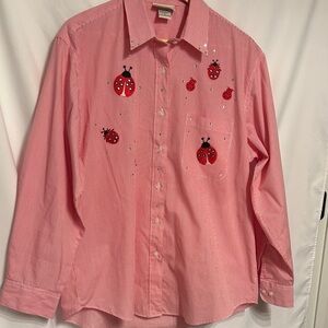 Las Olas Novelty Ladybug Long Sleeve Red and White Striped Button Up SZ L